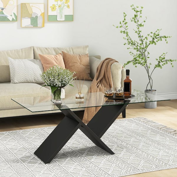 Gymax 47 in. Black Rectangle Glass Coffee Table