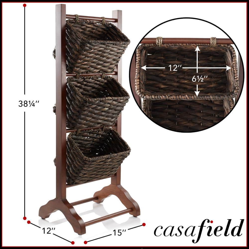 Walnut 3-Tier Floor Stand with Water Hyacinth Baskets