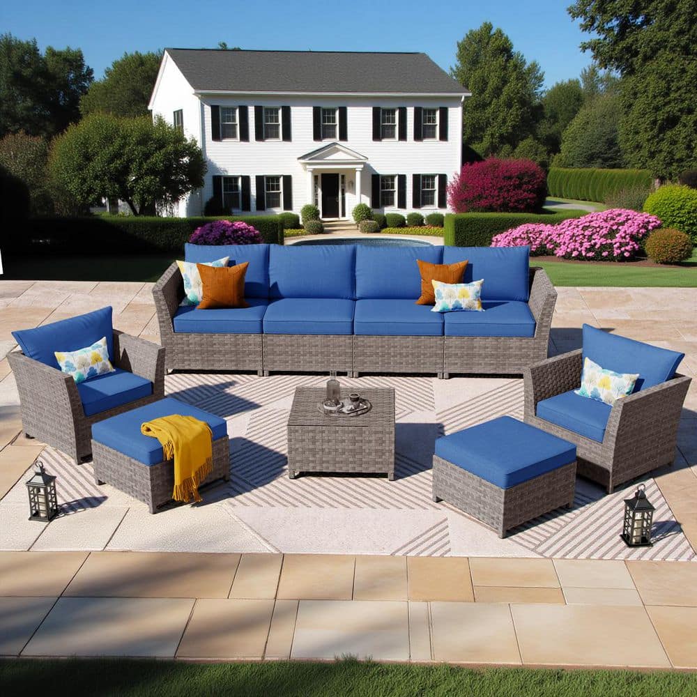 Rose 9-Pieces Wicker Patio Conversation Seating Sofa Set with Navy Blue Cushions price history on PriceWatchPro
