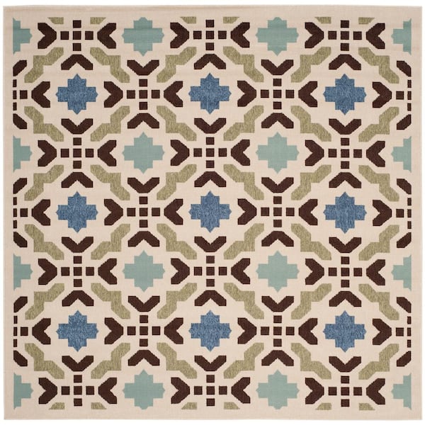 SAFAVIEH Veranda Cream/Aqua 7 ft. x 7 ft. Square Floral Indoor/Outdoor Patio  Area Rug
