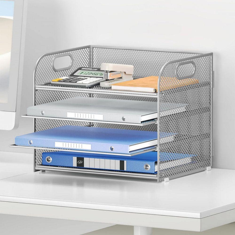 12.6 in x 10.3 in Silver Metal 4-Tier Paper Organizer Trays, Mesh