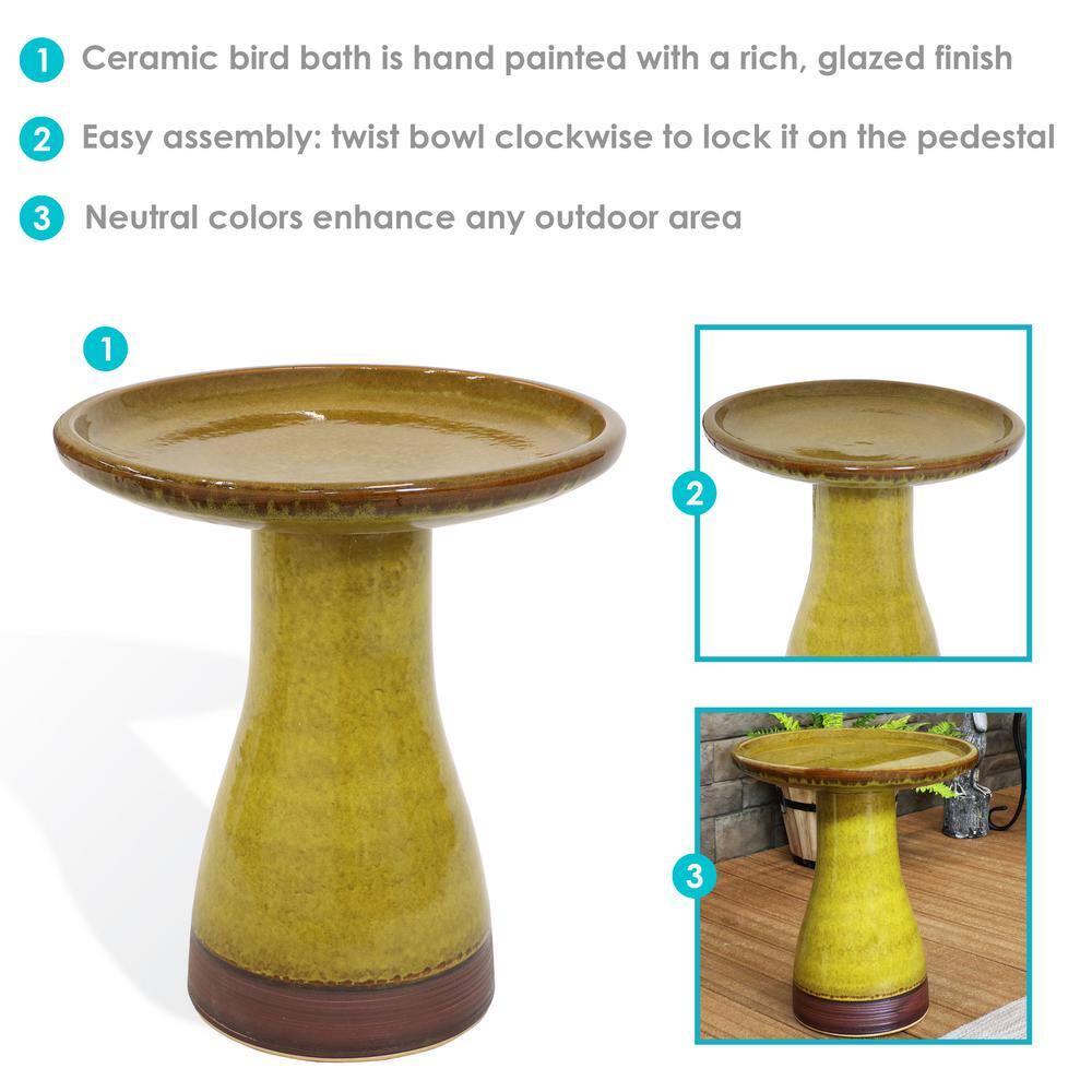 Cognac Yellow Ceramic Bird Bath with Ribbed Pedestal