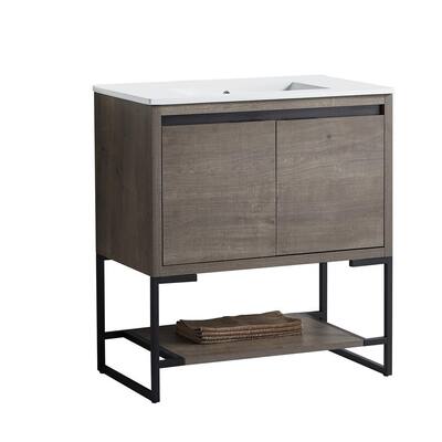 30 in. W x 35.04 in. H Free-Standing Bath Vanity in Plaid Gray Oak with Vanity Top in White with White Basin