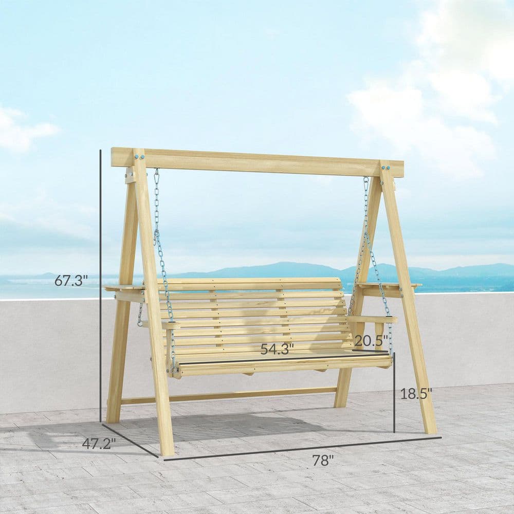 Natural Wood 3-Seat Porch Swing with Side Tables