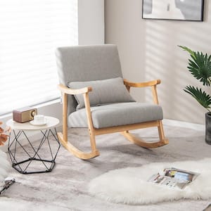Grey Upholstered Rocking Chair with Pillow Rocking Armchair with Rubber Wood Frame