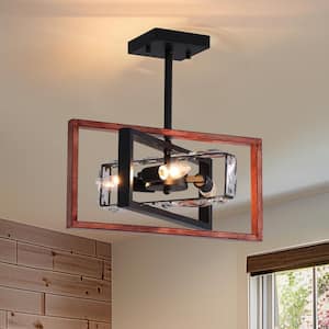 15.7 in. 3-Light Modern Black ectangle Semi Flush Mount Ceiling Light Walnut Rustic DIY Ceiling Light with Crystal