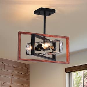 3-Light Black and Wood Modern Geometric Pendant Light Drum Kitchen Island Chandelier with Crystal Accents