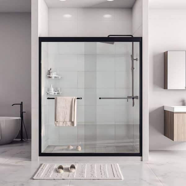 50-54 in. W x 72 in. H Double Slide Shower Door, 1/4 in. Tempered Glass, Explosion-Proof, Stainless Handle, Matte Black