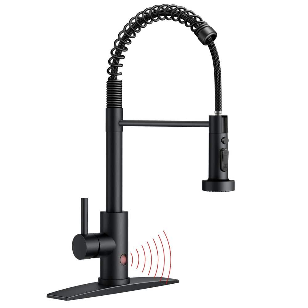 Touchless Single Handle Spring Pull-Down Sprayer Kitchen Faucet with Deckplate Advanced Pull Out Spray in Matte Black -  androme, 4AAB-GY