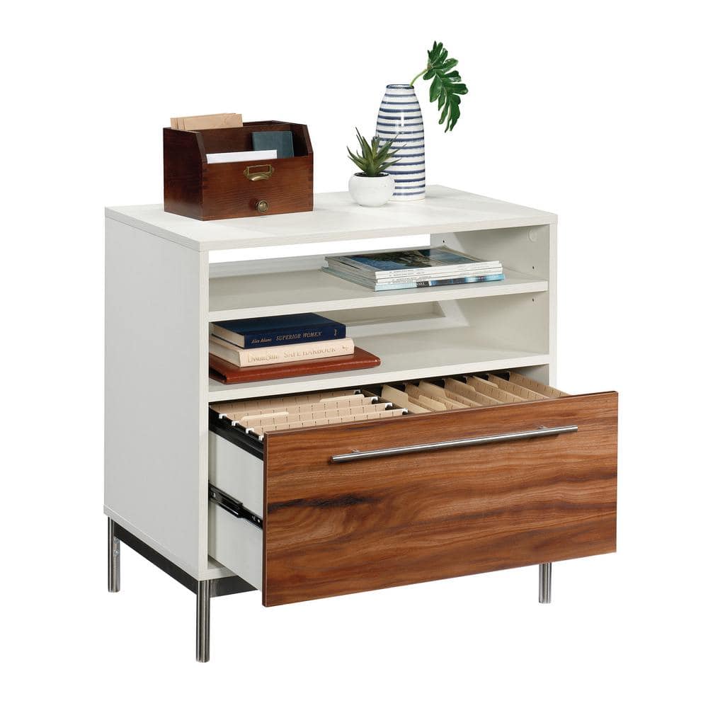 Pearl Oak Mobile Lockable Lateral File Cabinet with Metal Details