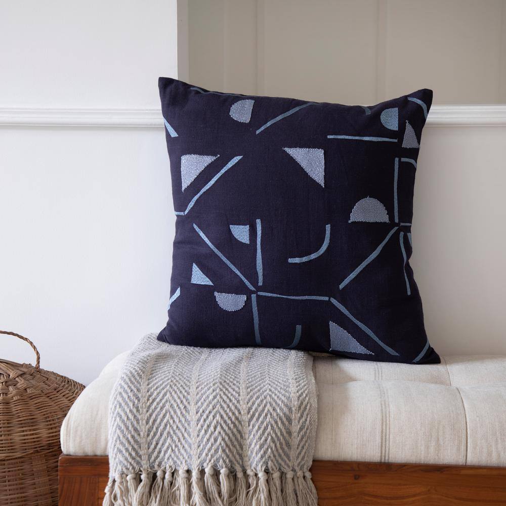 Denim Blue Embroidered Cotton Blend Square Throw Pillow