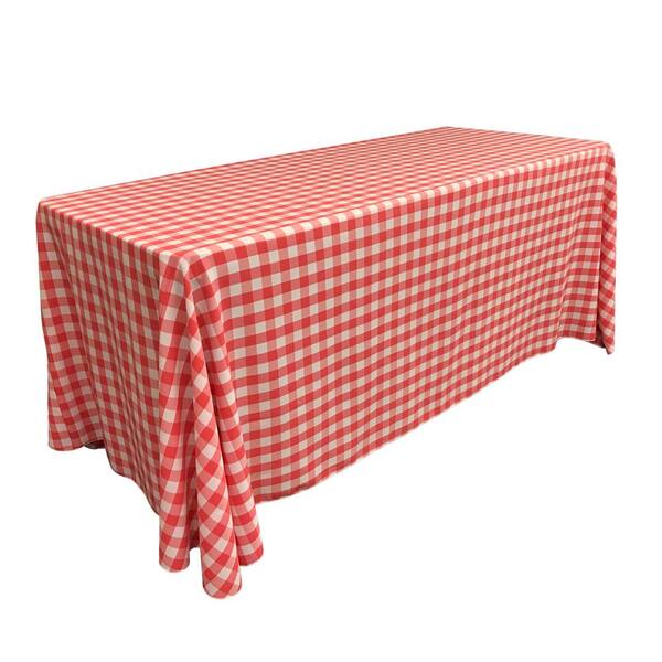 LA Linen "90 in. x 132 in. White and Coral Polyester Gingham Checkered Rectangular Tablecloth"