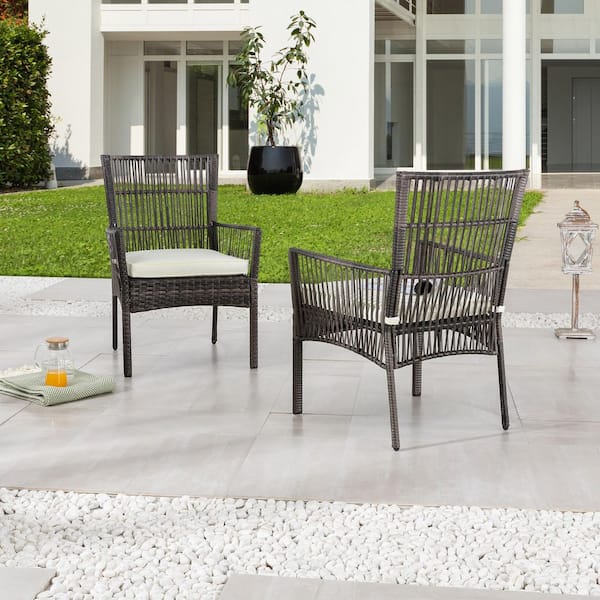Patio Festival Wicker Outdoor Dining Chair with Offwhite Cushion (2-Pack)