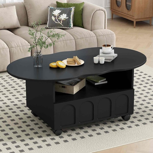 39.37 in. Black Specialty Wood Coffee Table with 2 Brake Wheels, Drawer