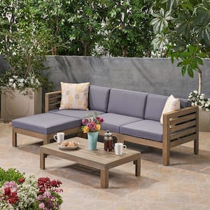 5-Piece Natural Acacia Wood Patio Outdoor Sectional Sofa Set with Dark Gray Cushions and 1 Wood Table