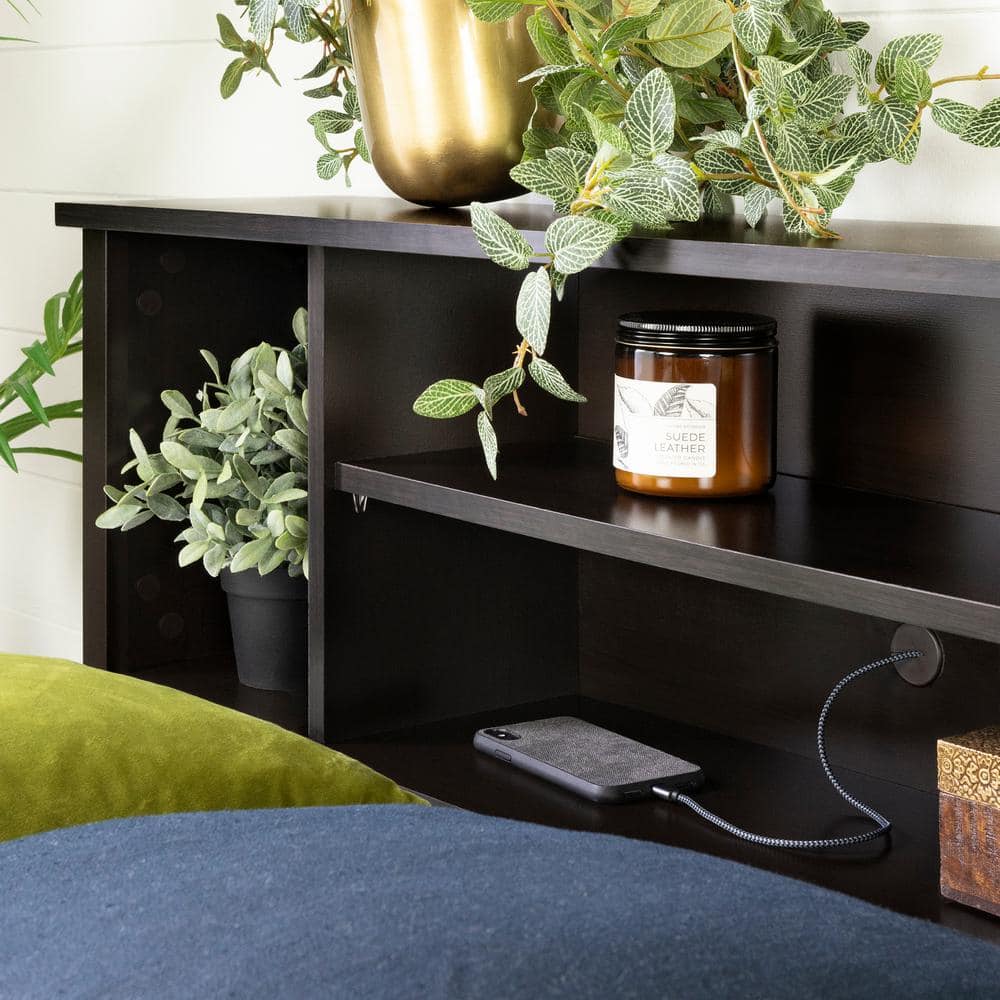 Chocolate Full/Queen Wood Bookcase Headboard with Storage