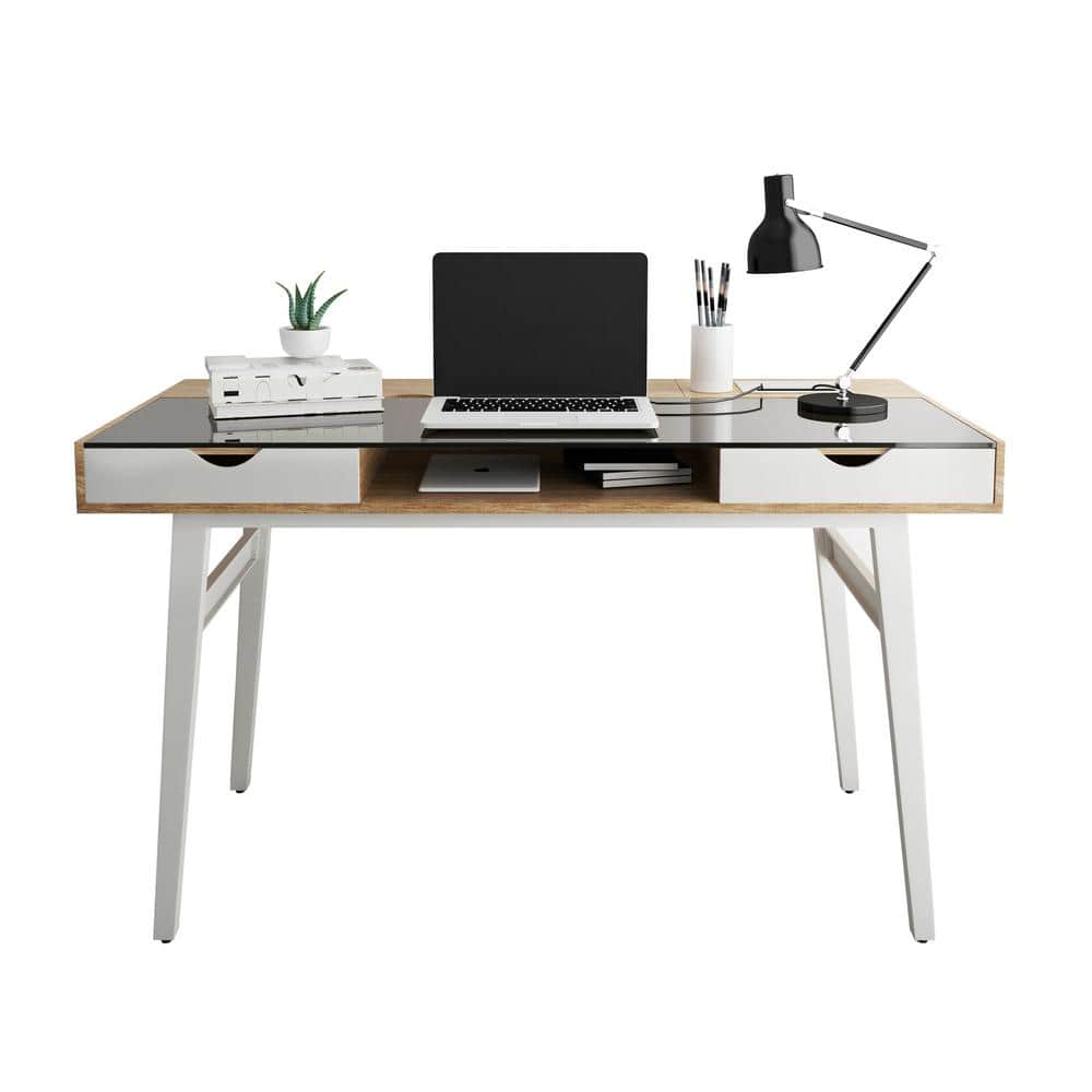 Modern Black Glass and Walnut Computer Desk with Storage