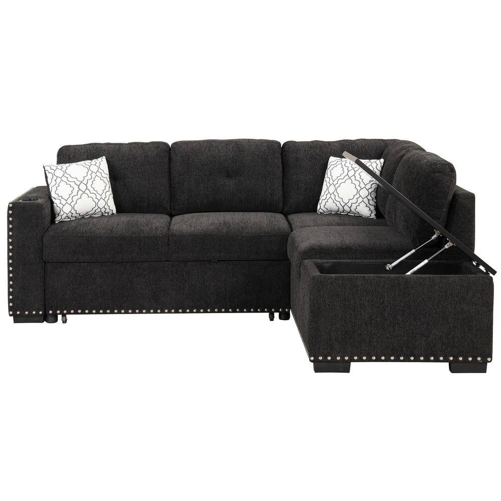 83.8 in. Square Arm Chenille L-shaped Sofa with Storage Chaise in. Black