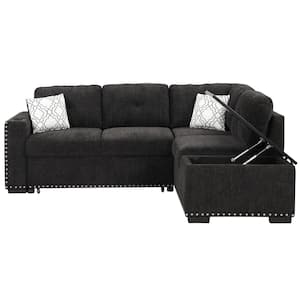 83.8 in. Square Arm Chenille L -Shaped Sofa with Storage Chaise in Black