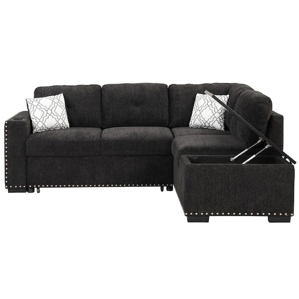Polibi 83.8 in. Square Arm Chenille L -Shaped Sofa with Storage Chaise in Black
