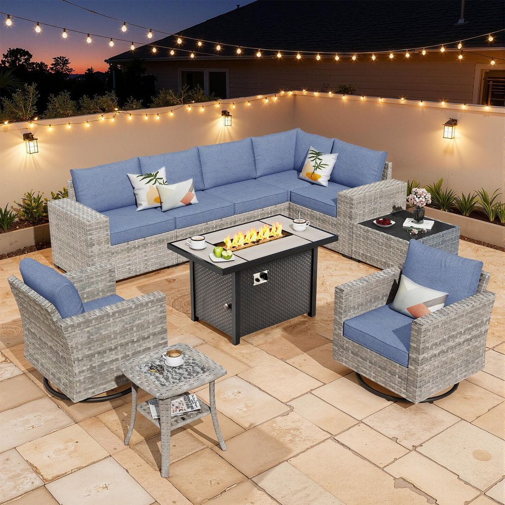 Baldwin Gray 10-Piece Wicker Wide Arm Outdoor Patio Sofa Sectional Set with Metal Fire Pit and Denim Blue Cushions price history on PriceWatchPro