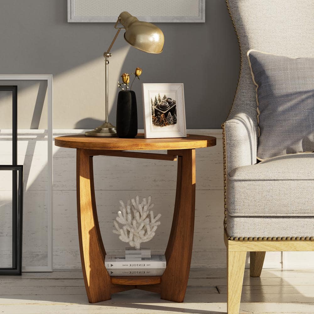 Rustic Caramel Brown Round Wood End Table with Shelf