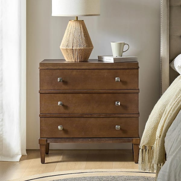 Nikolaus Walnut Transitional 3-Drawer Nightstand with Charging Station