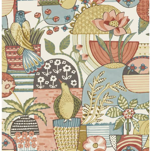 A-Street Prints Fika Mustard Blissful Birds and Blooms Paper Glossy Non-Pasted Wallpaper Roll