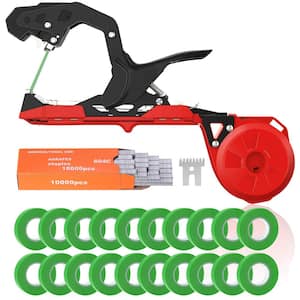 Plant Tying Machine with Green Tape, Plant Tape Gun Tool with 10000-Pieces Staples 20 Rolls Tape (Red)