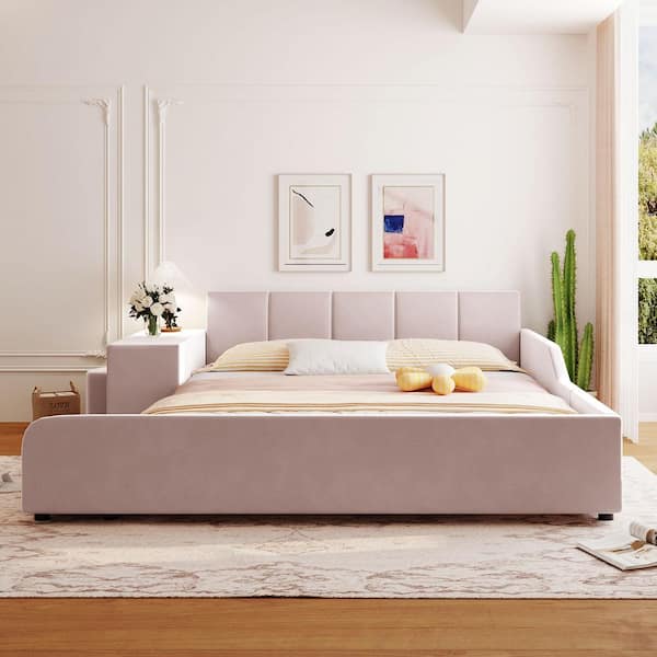 Pink Wood Frame Queen Upholstered Platform Bed with Bedside Desk and Little Round Stool