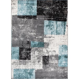 Blue 5 ft. x 7 ft. Contemporary Abstract Bo x es Area Rug