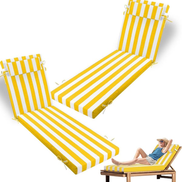 71 in. x 21 in. x 4 in. (2-Pack) Waterproof Outdoor Chaise Lounge Cushion With a Bath Towel Yellowe and White Stripes