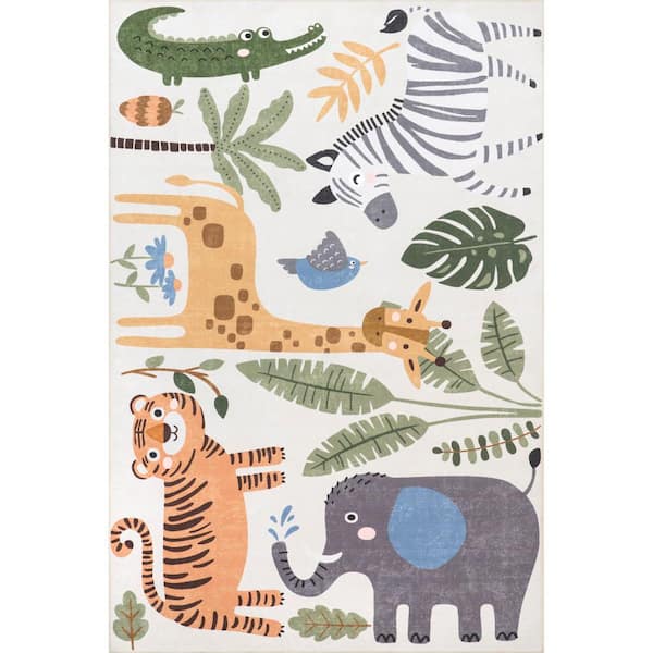 Felipa Safari Machine Washable White Multi 3 ft. x 5 ft. Kids Doormat Accent Rug