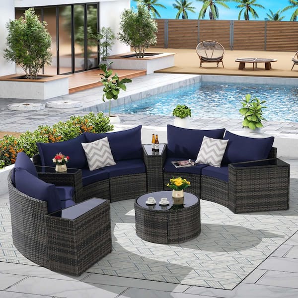 11-Piece Gray Wicker Half-Moon Outdoor Sectional Sofa Set with Dark Blue Cushions and 1 Glass Round Coffee Table
