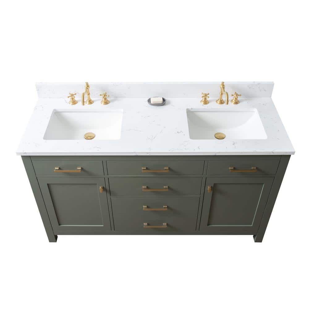 Vintage Green Solid Wood Double Vanity with Carrara White Top