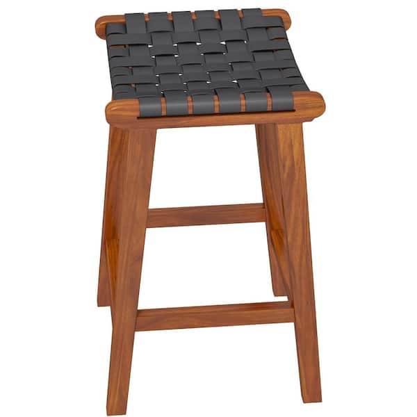 Ashcroft Furniture Co Rez 29 in. Black Backless Solid Wood Frame Vegan Leather Woven Seat Bar Stool (Single Piece)
