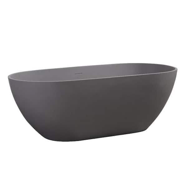 63 in. x 29.5 in. Solid Surface Freestanding Soaking Bathtub with Center Drain in Matte Gray