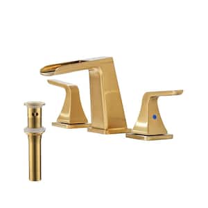 8 in. Widespread 2-Handle Waterfall Spout Bathroom Faucet with Pop-Up Drain Kit in Brushed Gold