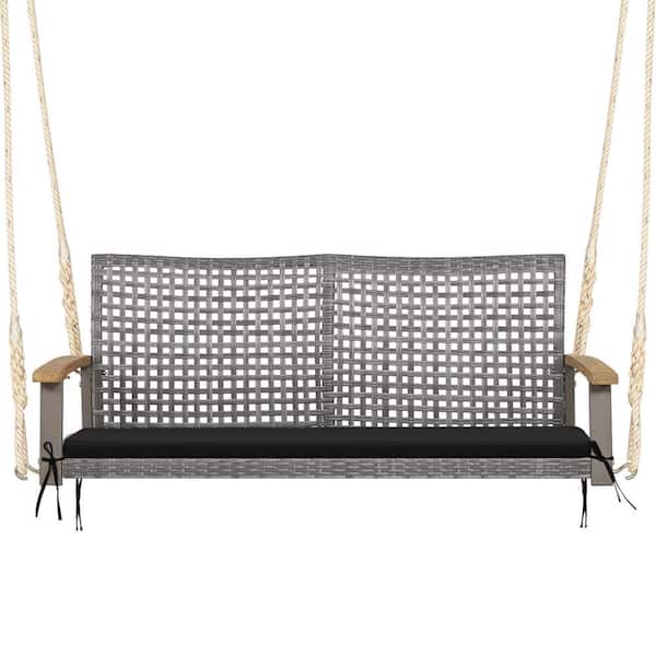 2-Person Patio Wicker Hanging Porch Swing Chair with Strap-Fixed Black Cushion