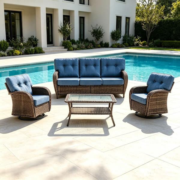Modern Seaside 4-Piece Patio Wicker Outdoor Conversation Set Rocking Chair Swivel Glide with Table and Blue Cushions