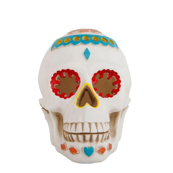 Flora Bunda 5 in. x 5 in. Polyresin Halloween Lighted Day of The Dead Skull with Color Changing LED Lights
