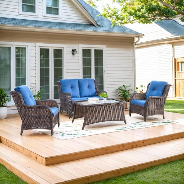 Carolina 4-Piece Wicker Patio Conversation Set with Blue Cushions