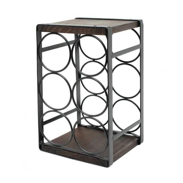 Countertop Wine Rack with Rustic-Wood Base and Metal Frame, Hold 6 Bottles of Wine, No Need Assembly, Dark Brown