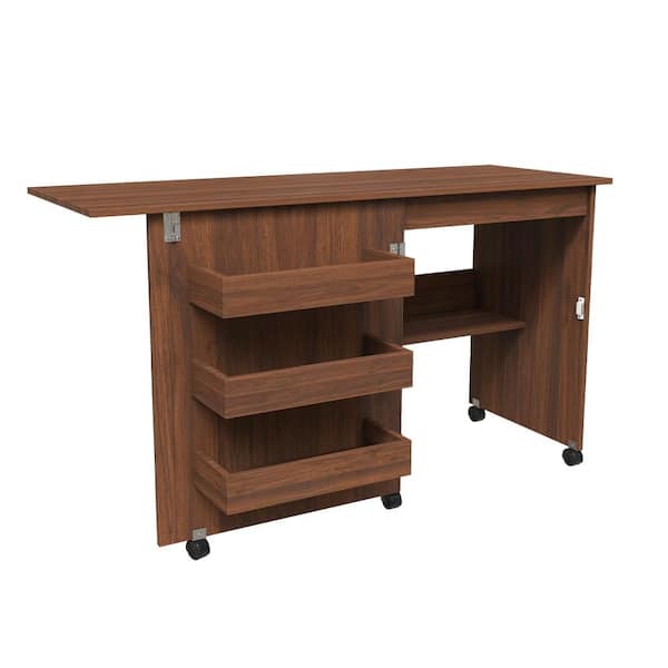 4-in-1 Walnut Folding Sewing Table with Lockable Wheels,Multi-Functional Craft Station,Rolling Sewing Machine Table