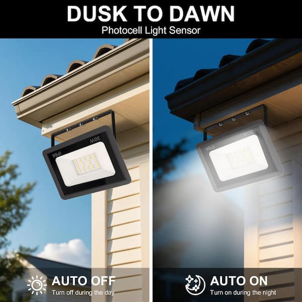 30 Watt 932 Lumen Black Plug-in Integrated LED Flood Light, Outdoor Security Light with Dusk to Dawn Sensor