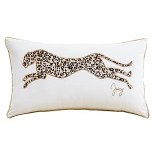 Embroidered White Velvet Leopard 14 in. x 24 in. Throw Pillow