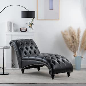Black Faux Leather Tufted Armless Chaise Lounge with Nailhead