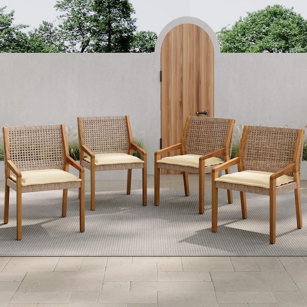 6-Piece Brown Acacia Wood Wicker Dining Chairs with Cream Cushion
