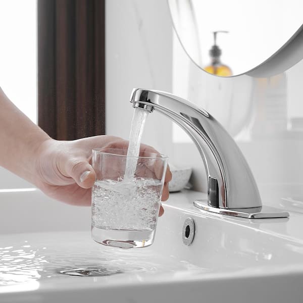 Automatic Sensor Touchless Low Arc Single Hole Bathroom Sink Faucet with Deck Plate in Polished Chrome