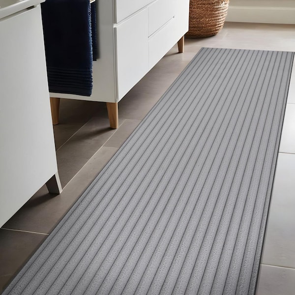 UltraPlush Touch 2 ft. x 7 ft. Grey Non-Slip Rubber Back Washable Polyester Stripes Indoor Area Rug